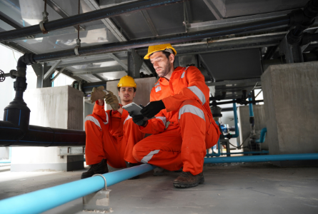 Equipo de ingeniería revisando planos eléctricos